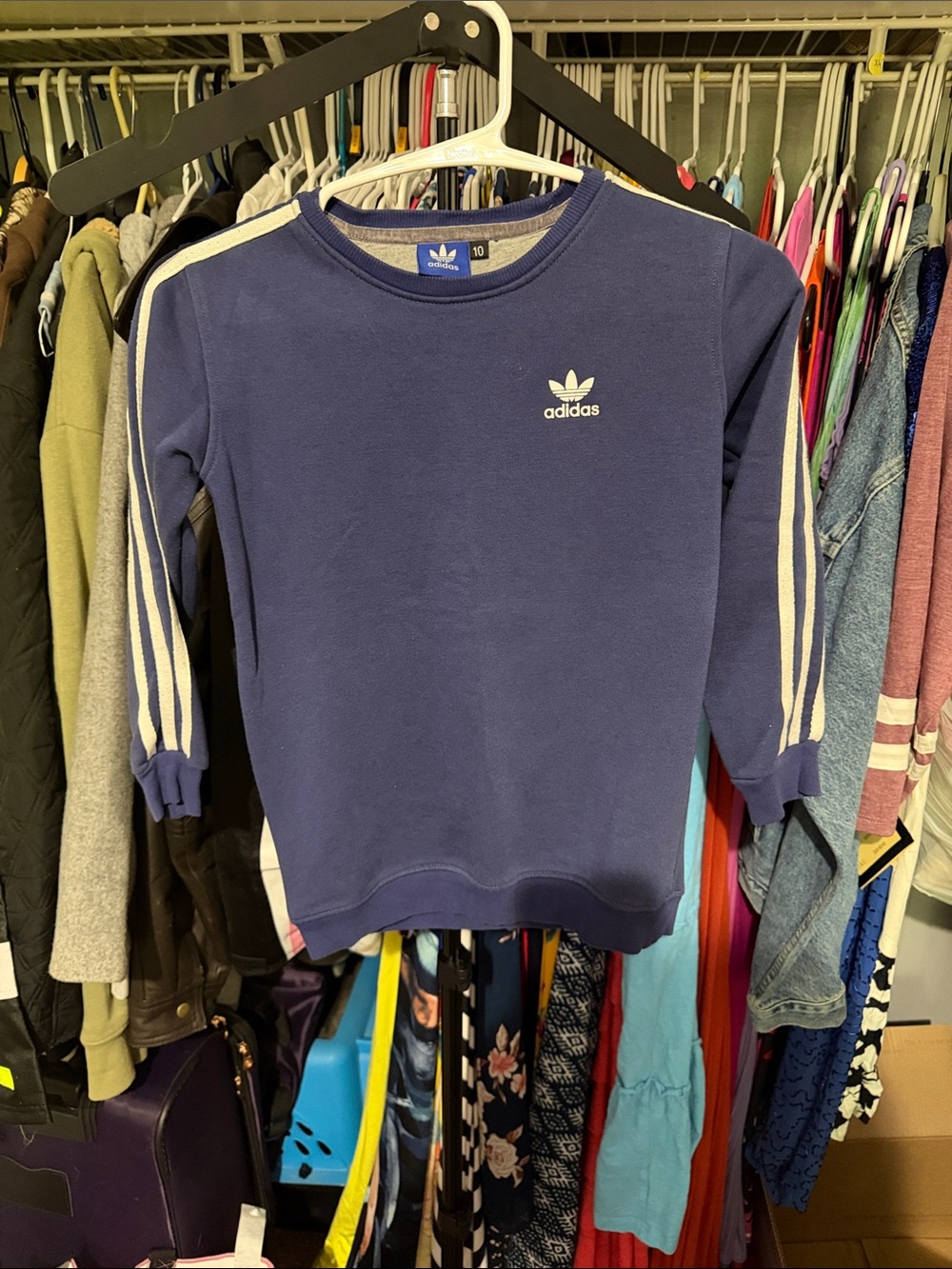 adidas Navy Crew Sweatshirt with White Stripe Sleeves